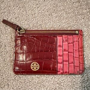 Tory Burch Robinson croc embossed leather Two-Tone Red and Pink Croc Card Case